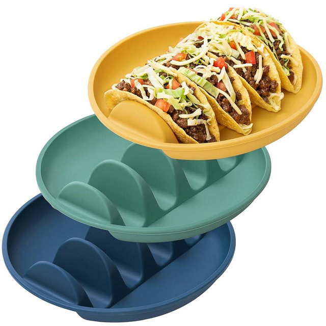 Silicone Taco Plates Set of 3, Reusable Taco Holder Plates Silicone Taco Holder with 4-Slots for Hard/Soft Taco Shells, Taco Holder for Taco Party Serving Plates, Dishwasher & Microwave Safe