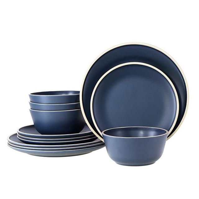 Gufaith Melamine Dinnerware Sets for 4,12 Piece Plates and Bowls Sets, Unbreakable BPA Free, Suitable Indoor and Outdoor Use (Deep Blue)