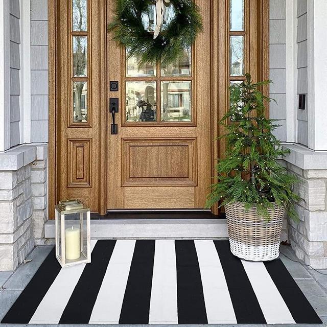 KOZYFLY Black and White Striped Rug | 27.5 x 43 Inches | Cotton Hand-Woven Washable Outdoor Rugs for Layered Door Mats Stripe Carpet Porch/Kitchen/Farmhouse/Entryway