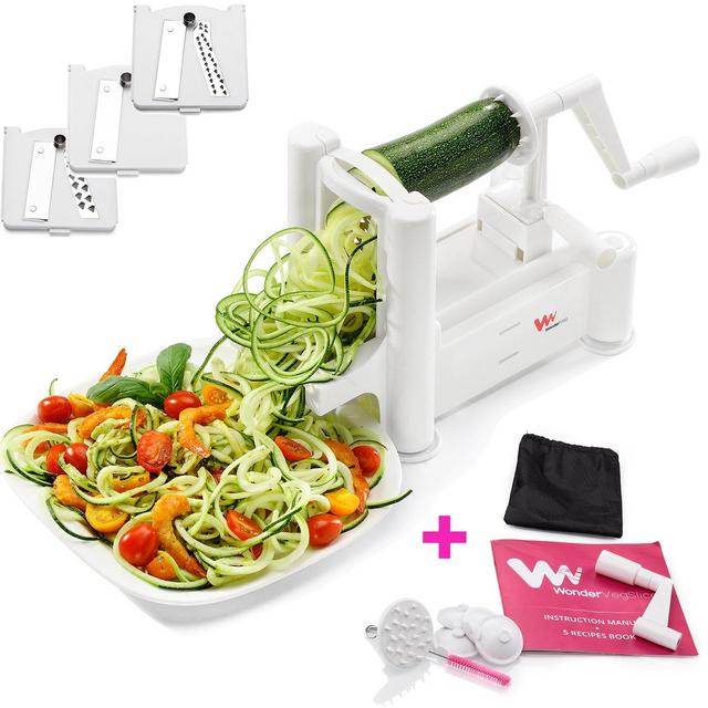 WonderVeg - Spiralizer Vegetable Slicer - Spiral Slicer - Zucchini Spaghetti Pasta Noodle Maker - Cleaning Brush, Mini Recipe Book, 6 Spare Parts Included