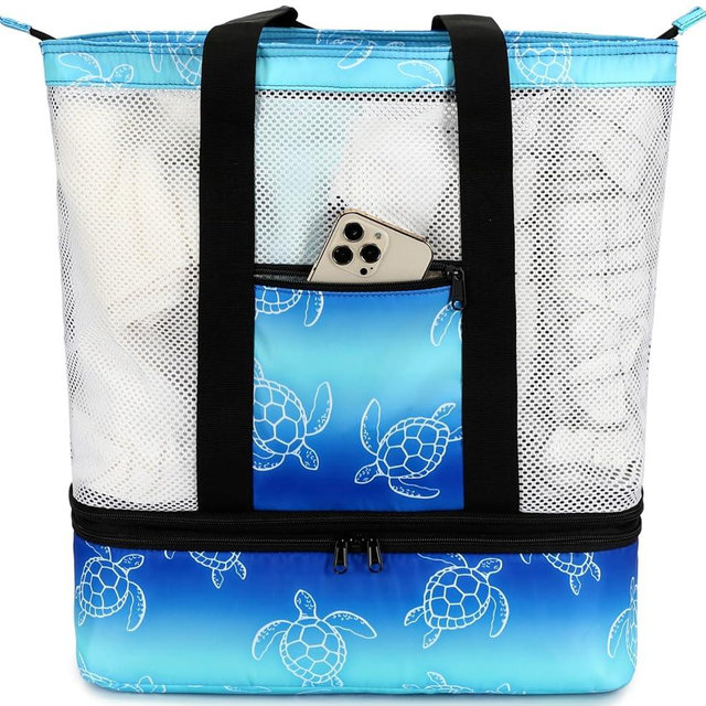 Bluboon Mesh Beach Tote Bag with Cooler Compartment Insulated Detachable Picnic Bag with Zipper and Pocket Pool Bag for Women