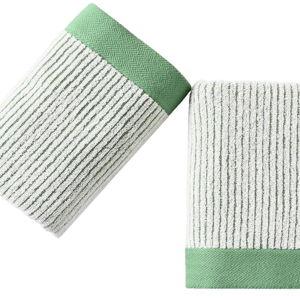 Hand Towels Set of 2 100% Cotton Absorbent Beige Ribbed Striped Green Border Decorative Bath Hand Towels for Bathroom Gym Camping