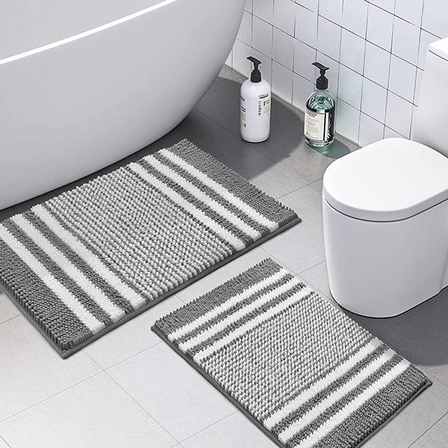 Bathroom Rugs Set 2 Piece, Extra Soft and Absorbent Fluffy Striped Chenille Bath Mat Rug Set, Non Slip Bathroom Floor Mat, Machine Washable (20" x 32" Plus 16" x 24", Gray)