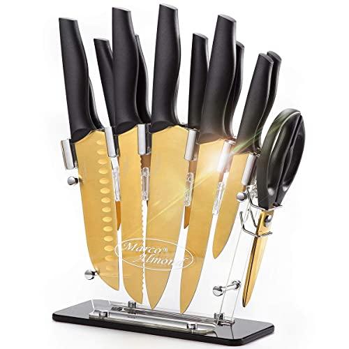 Marco Almond KYA23 Golden Titanium Chef Knife Set with Acrylic Stand, Kitchen Knives Set with Block, Kitchen Scissor,Santoku knife,6 Golden Steak Knives Cutlery Knives Set,14piece Set,Black Handle