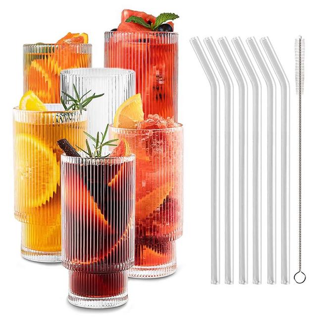 XKXKKE 12 oz Ribbed Drinking Glasses with Glass Straws Set of 6, Clear Vintage Iced Coffee Cups Glassware, Highball Glasses Ridged Glass Tumbler for Coocktail, Whiskey, Beer, Water, Cleaning Brush