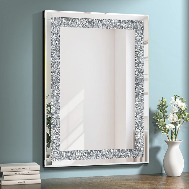 GOAND Crystal Decorative Mirror-36 x24 Gorgeous Silver Mirror, Crush Diamond Mirror for Wall Decoration Bedroom, Bathroom, Dining Room and Living Room