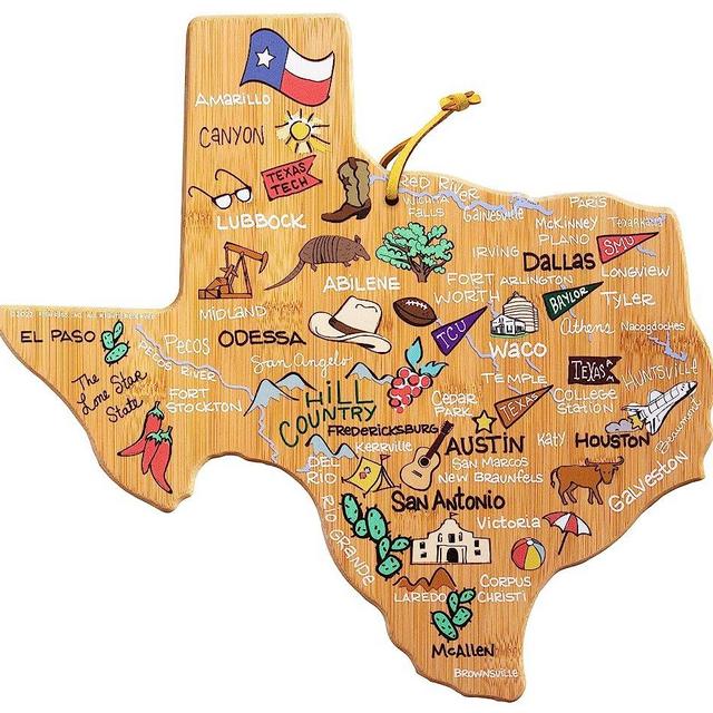 Totally Bamboo Texas State Shaped Cutting Board and Charcuterie Serving Platter with Artwork by Fish Kiss, Includes Hang Tie for Wall Display