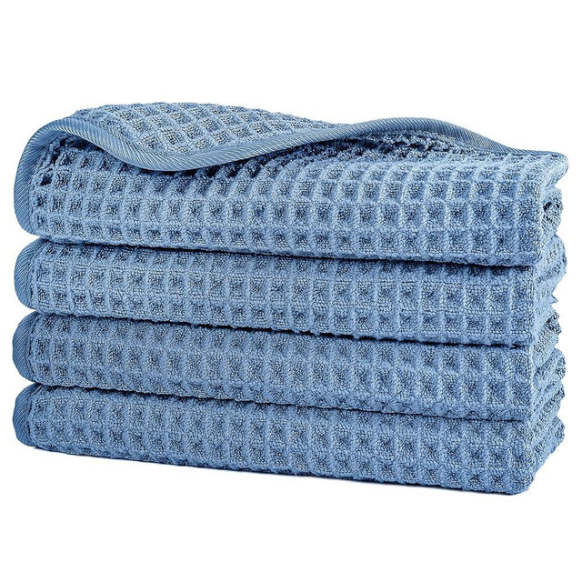 POLYTE Microfiber Lint Free Washcloth Face Towel, 13 x 13 in, 4 Pack (Blue, Waffle Weave)