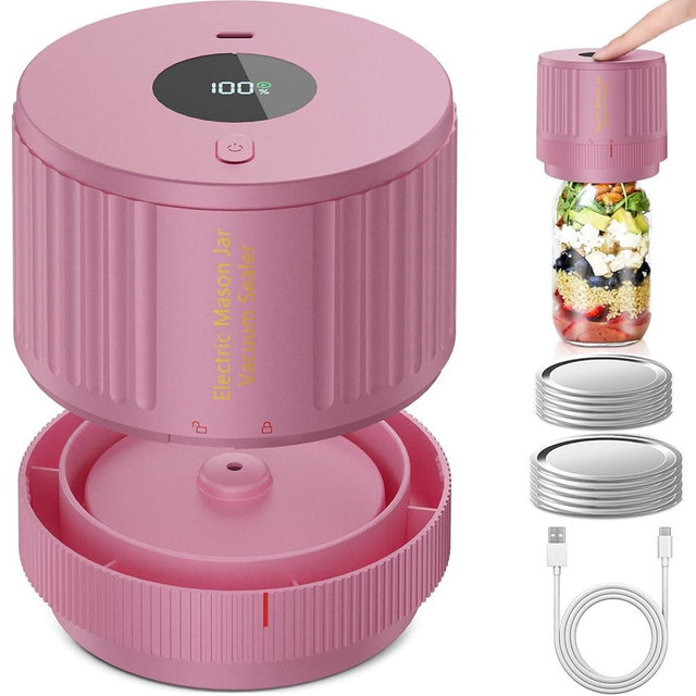 LOVE MOMENT Electric Mason Jar Vacuum Sealer Kit for Wide Mouth and Regular Mouth Mason Jar - Pink