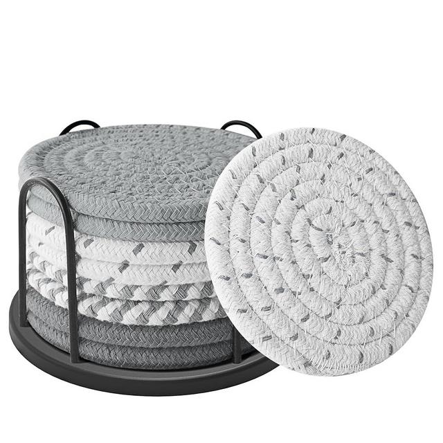 Lazebox Coasters Set of 8 for Drinks, Beer, Coffee, Cotton Woven 4 Colors Absorbent Coaster with Holder, Boho Coasters for Home Decor Tabletop Protection Suitable for Kinds of Cups