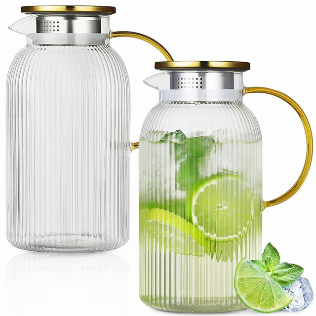 Glass Pitcher with Lid, 2Pcs Elegant Heat Resistant Cold 2 Lite Brew Pitchers for Fridge Hot Cold Water Coffee Milk Lemonade Beverage，Vertical StripesLemonade Beverage