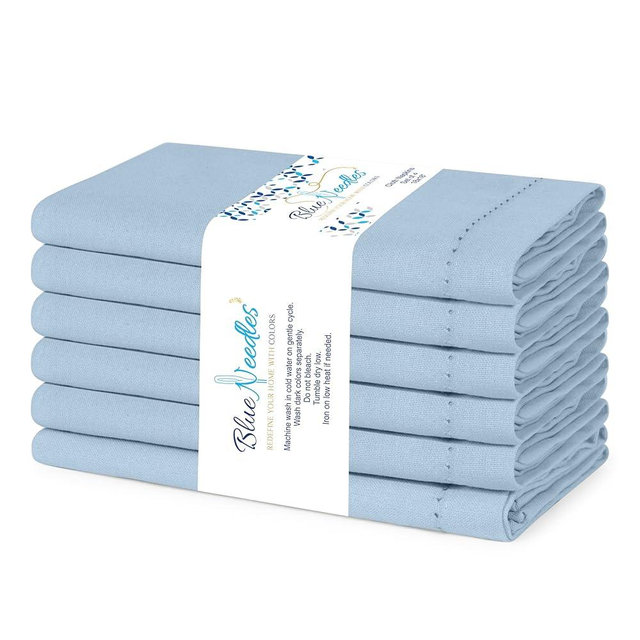 Blue Needles Set of 6 Hemstitch Linen Napkins 100% Cotton Ice Blue Cloth Dinner Napkins 18x18 inches - Spring Summer Easter - Soft, Reusable, Absorbent, Washable, Ideal for Parties & Everyday Use