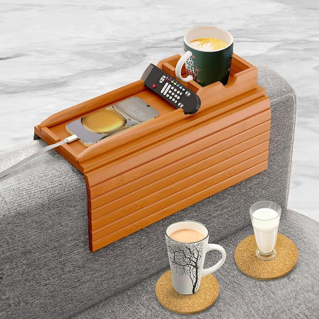 Couch Cup Holder with 2 Cork Coasters | Couch Caddy with Detachable Tray | Anti-Slip Foldable Armrest Sofa Tray, Anti-Spill Holder for Remote, Snacks, Cellphone - Ideal Gift (Mahogany)