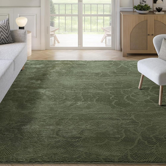 Abani Floral Green Area Rug - 8' x 10' - Soft and Plush, Washable Carpet - Perfect for Living Room & Bedroom - Plush Deco Collection