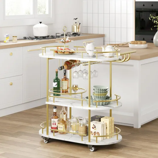 Jojoka Gold Bar Carts with 4-Tiers Storage Shelves，Mobile Bar Seving Carts On Wheels with Wine Rack and Glass Holder for Kitchen, Dining Room