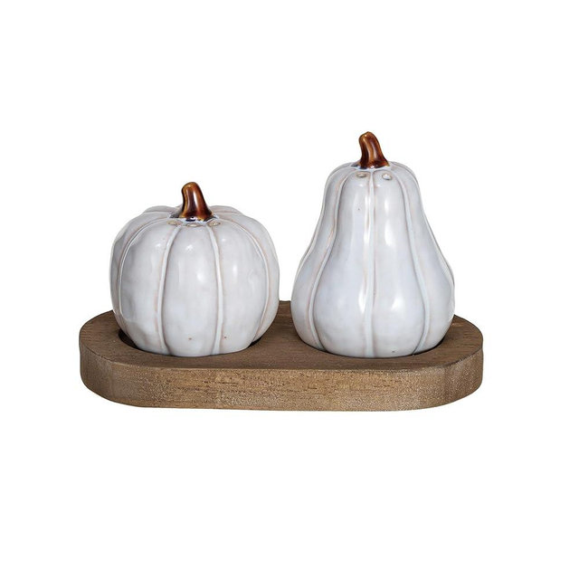 Creative Co-Op Stoneware Pumpkin Shaped Salt and Pepper Shakers on a Wood Tray in Reactive Glaze, White and Natural