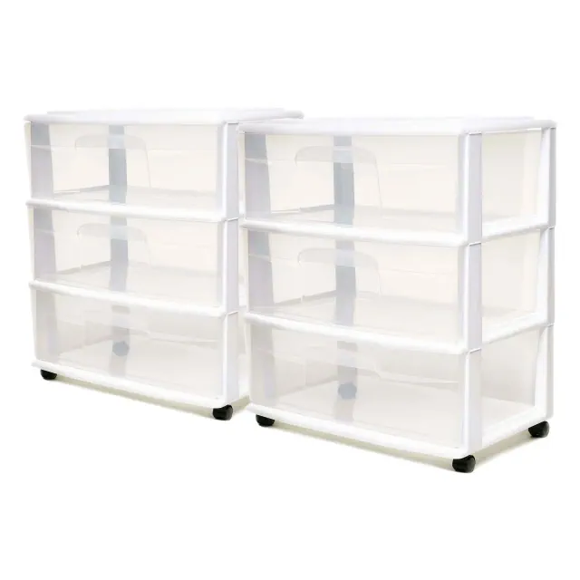 Homz 2 Pack 3 Drawer Rolling Storage Tower, Clear Plastic Closet Organizer, White