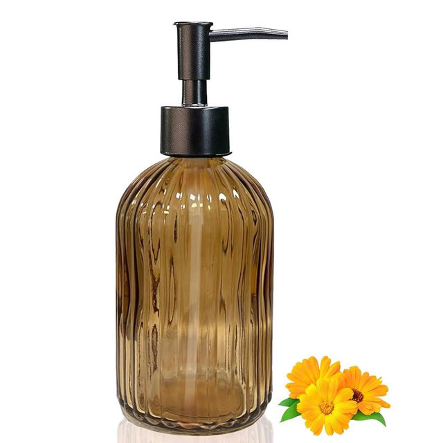 14Oz Black Pump Glass Soap Dispenser, Brown Stripe Countertop Refillable Liquid Bottle Hand Dish Lotion Dispenser with Plastic Pump, for Kitchen, Bathroom