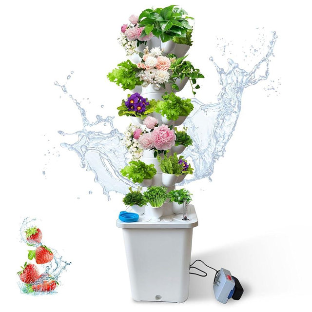 30 Pots Hydroponics Tower, Hydroponics Growing System Tower, Vertical Tower Planter, Pump Tower with Timer Automatic Watering, Irrigation Pump and Movable Water Tank, for Hydroponic Gardening Lovers