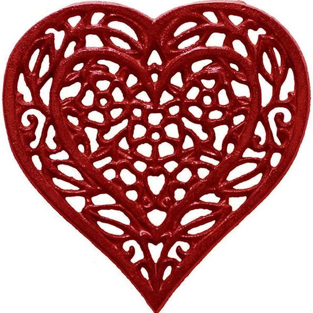 Cast Iron Heart Trivet - Decorative Cast Iron Trivet For Kitchen Or Dining Table - Vintage, Rusted Design - 6.75X6.5" - With Rubber Pegs/Feet - Recycled Metal - Red