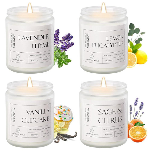 Molensun 4 Pack Candles for Home Scented, Mother's Day Gifts, 28 oz Long Lasting Candles, Soy Candle Set Gift for Women - Lavender Thyme/Lemon Eucalyptus/Sage &Citrus/Vanilla Cupcake