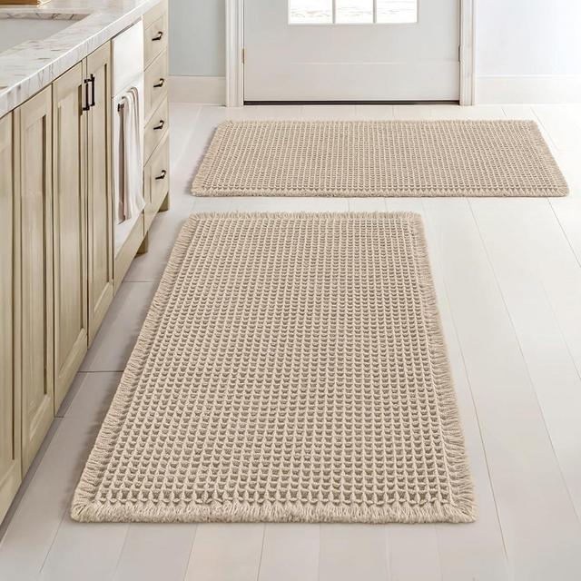 MIULEE Set of 2 Waffle Bathroom Rugs, Boho Bath Rugs Non Slip Washable, Super Absorbent Bath Mats, Ultra Soft Rubber Backed Shower Mats for Bathroom Floor, Tub and Shower, Pale Beige, 18x30 Inch