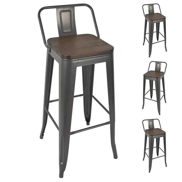 30 Inch Metal Bar Stools Counter Height Stools Set of 4 Gun Metal Grey with Wood Seat/Top Bar Height Stools with Back, Dinning Stools Pub Stools for Bar Home Kitchen Restaurant Bistro Cafe Trattoria