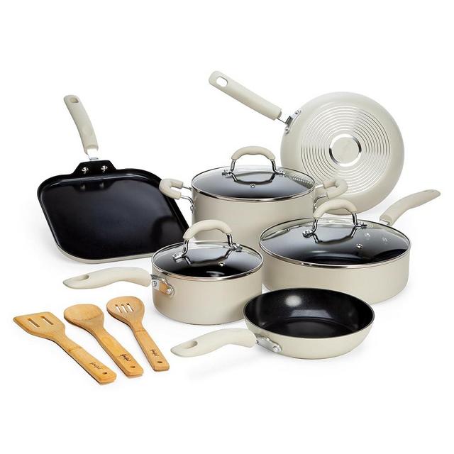 Goodful Premium Non-Stick Cookware Set, Dishwasher Safe Pots and Pans, Diamond Reinforced Coating, Made Without PFOA, 12-Piece, Cream