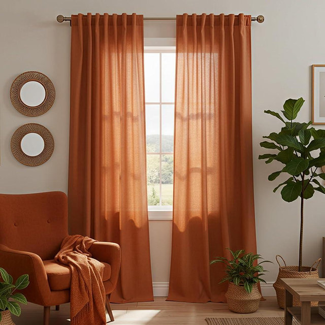 Mrs.Naturall Burnt Orange Linen Sheer Curtains 2 Panels, Boho Back Tab Light Filtering Drapes, Retro Mid Century Modern Window Curtain for Bedroom Living Room 84 Inches Long