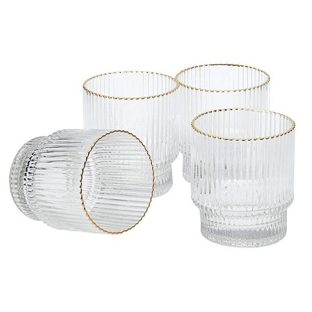 Denmark Tools for Cooks Glass Drinkware Collection- Low Boy Tumblers Set Water Bar Whisky, 4 Pack of 12 Ounce Gold Rimmed Drinking Glasses