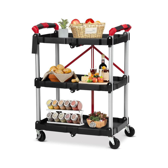 2025 New Folding Collapsible Service Cart, 3 Tier Portable Utility Rolling Cart, 56 Lb. Load Capacity per Shelf, with Wheels and Ergonomic Handle