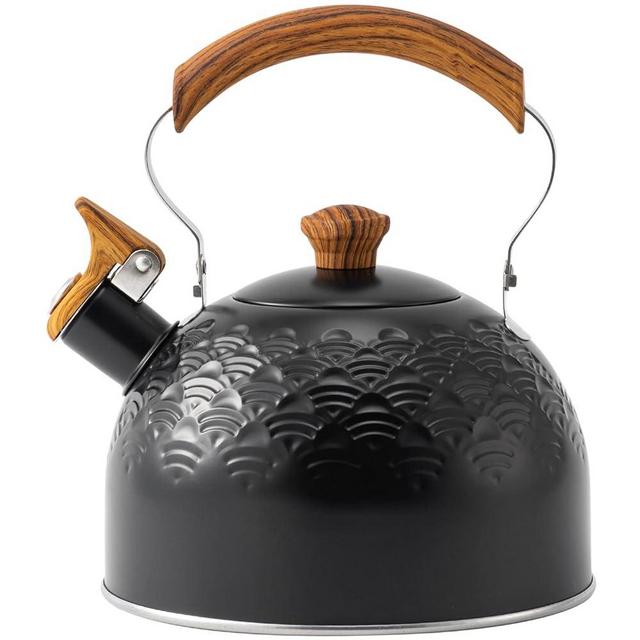 Whistling Tea Kettle Stainless Steel Tea Pots for Stove Top Stylish Kettle With Wood Pattern Anti-slip Handle,2.6 Quart, Black