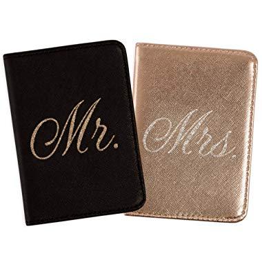 Mirror Mirror Passport Wallets Travel Holder Set: Mr. & Mrs. Slim Waterproof Passport Case Covers & Organizer Slots for ID, Money & Credit Card - Black & Rose Gold