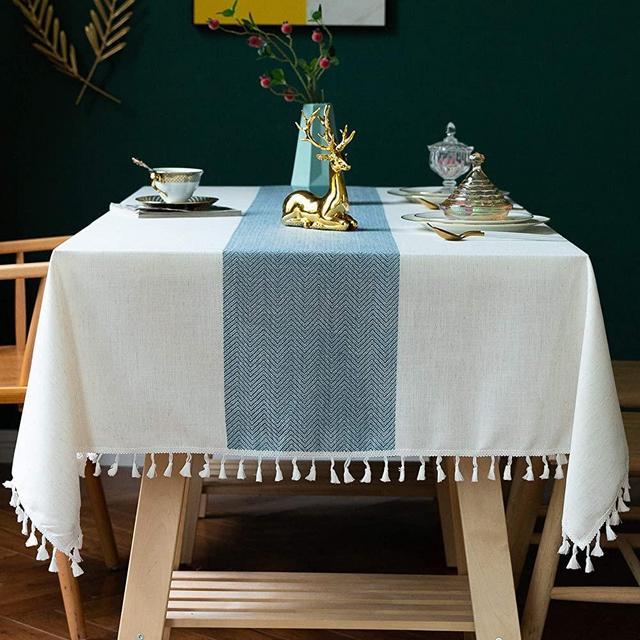 Oubonun Tablecloth for Dining Table Rustic Farmhouse Kitchen Table Cloth Coffee Table Cover, Cotton Linen Fabric Small Rectangle Table Cloths for 4 to 6 Seats, Beige, Blue Stripe, 55x70 Inch