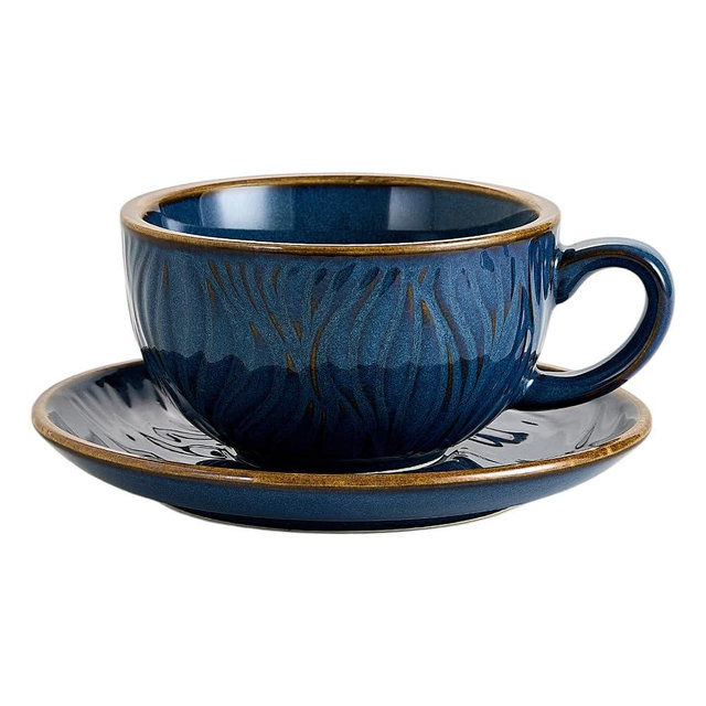 Coffeezone Vintage Design 12 oz Ceramic Latte Art Cappuccino Barista Cup with Saucer (Wave Blue)
