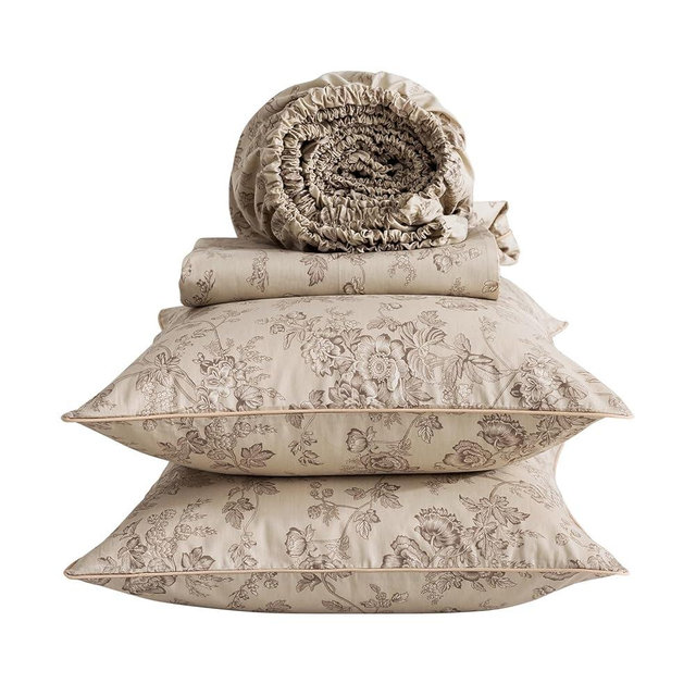 Puralens Vintage Beige Floral Sheets, Queen Size 100% Cotton Percale Shabby Flower Patterned Chic Bed Sheet Set, Soft Crisp Deep Pocket Fitted Sheet, Luxury Aesthetic Toile Farmhouse Bedding, 4Pcs