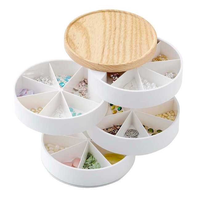 Yamazaki Home Tosca Sectioned Jewelry Organizer Nail Art Supplies Earring Accessories Storage Holder Rotating Display with Removable Trays - Sectioned - Plastic + Wood