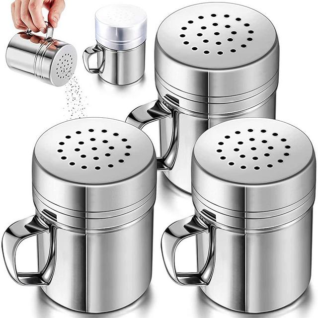 3 Pieces Seasoning Bottle with Handle Stainless Steel Spice Shaker Metal Versatile Dredge Shaker with Rotating Cover for Cooking Kitchen Gadget (Classic Style,Small)