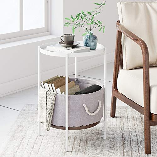 Nathan James 32203 Oraa Nightstand, Bedside, End or Side Table with Storage, White Metal Tray Top with Beige Basket