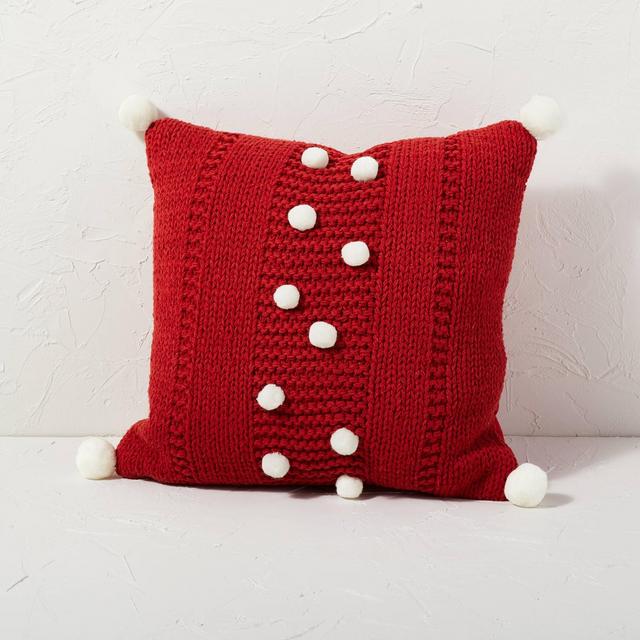 Sweater Knit Square Throw Pillow with Pom Poms Red - Opalhouse™ designed with Jungalow™