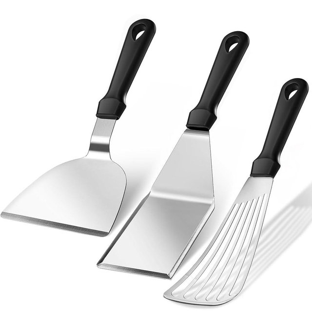 Metal Spatula Set, 18/0 Stainless Steel Spatulas & 18/8 SS Flexible Fish Spatula, Brushed Kitchen Utensil for Cast Iron Skillet, Frying Griddle Pancake Steak Meat Egg, Pack of 3