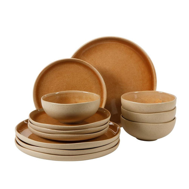 Gibson Elite Manila Bay 12-Piece Stoneware Dinnerware Set, Service for 4, Reactive Glaze Modern Artisan Plates, Bowls & Mugs, Orange, Round Design