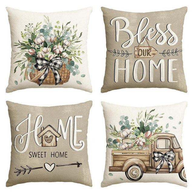 AVOIN colorlife Bless Our Home Farmhouse Eucalyptus Leaves Throw Pillow Covers, 20 x 20 Inch Truck Home Sweet Home Cushion Case Decorations Set of 4