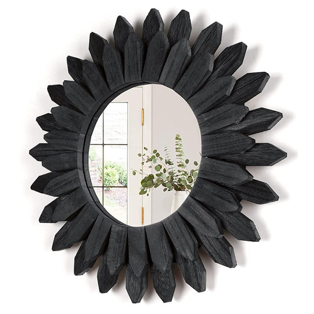 Honiway Wall Mirror Decorative Mirror for Wall 12 inch with Rustic Wood Sunburst Framed Boho Wall Decor Room Decor Home Decor for Bedroom Living Room Black