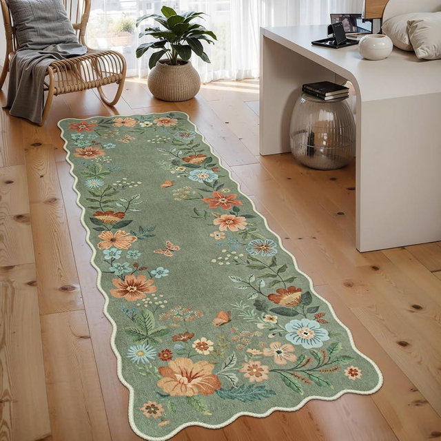Lahome Floral Runners for Hallways, 2X6 Kitchen Runner Rug Ultra-Thin Soft Rug, Non-Slip Washable Rug Runner Stain Resistant Boho Rug Low-Pile Carpet Runner for ‎Laundry Bathroom Bedroom(2x6ft,Green)