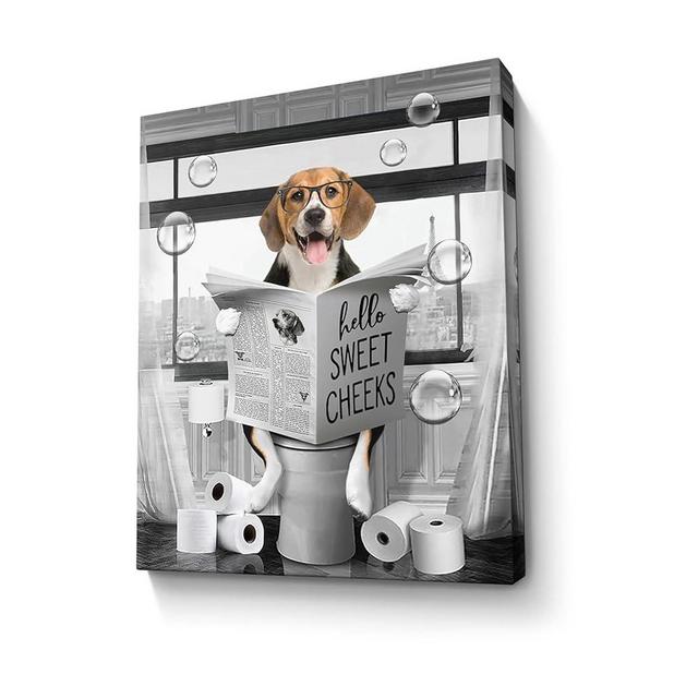 Funny Beagle Dog Wall Art Black and White Dog Bathroom Print Farmhouse Bathroom Animals Wall Decor Dog Sitting in Toilet Reading Newspaper Painting Framed Artwork for Toilet Bathroom 12x16 inch