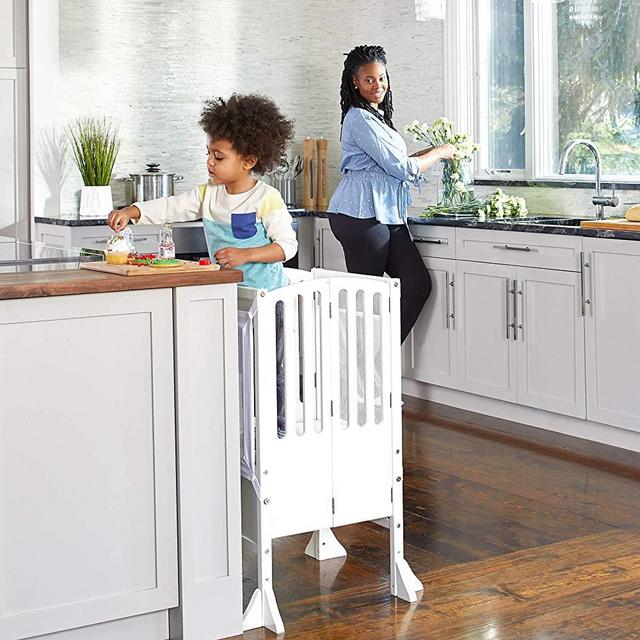 Guidecraft Contemporary Kitchen Helper Stool and 2 Keepers - White: Adjustable Height Wood Baking Stool for Toddlers