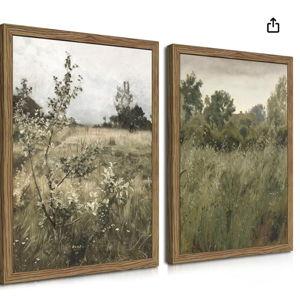 Vintage Landscape Wall Art Set of 2, Green Natural Wilderness Farmhouse Canvas Wall Decor Paintings, Retro Country Wildflower Oil Pictures Posters Prints for Living Room Bedroom 12x16 Inch Wood Framed