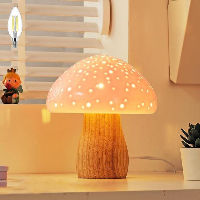 KAiSnova Mushroom Lamp, Pink Ceramic Mushroom Table Lamp, Unique Nightstand Mushroom Lamp,Vintage Cute Night Ligh,Suitable for Home Decoration, Gift, Bulb Included
