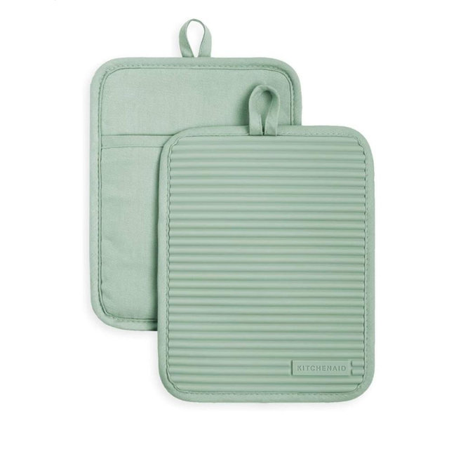 KitchenAid Ribbed Soft Silicone Pot Holder 2-Pack Set, Pistachio Green, 7"x9"